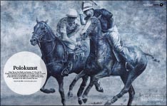 Interview und Bilder im Turnioermagazin des German Polo Masters Sylt &uuml;ber den K&uuml;nstler Michael Hotz und die Charity-Aktion mit einer Versteigerung eines seiner Gem&auml;lde (Perfect Shot) durch Frauke Ludowig am Samstag des Finalwochenendes auf Sylt