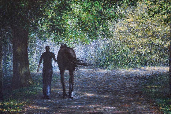 Gem&auml;lde Sunday Silence, ein Pferd wird von einer Frau durch eine Baumallee gef&uuml;hrt, von michael Hotz